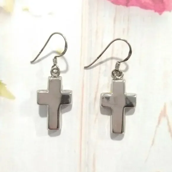 P 925 Sterling Silver Cross Dangle Drop Earrings Hook Signed Jewelry Lot - Picture 5 of 8